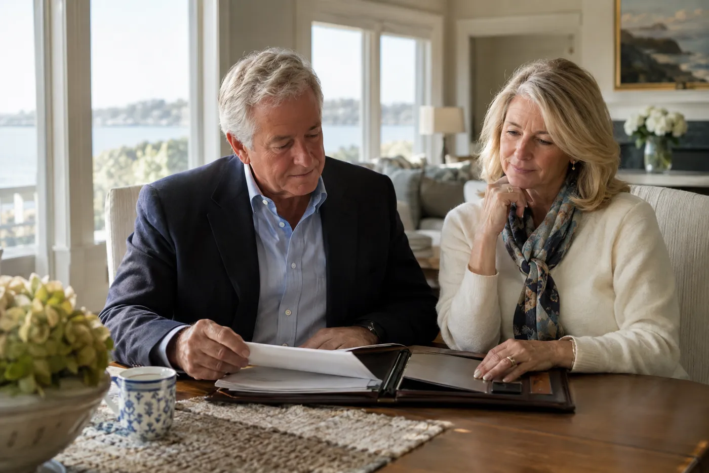 A couple reviewing planning documents at their dining table
