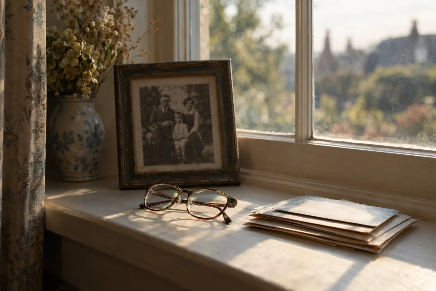 A framed family photograph on a sunlit window sill