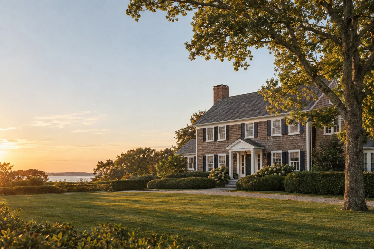 A classic shingled Long Island home at sunset