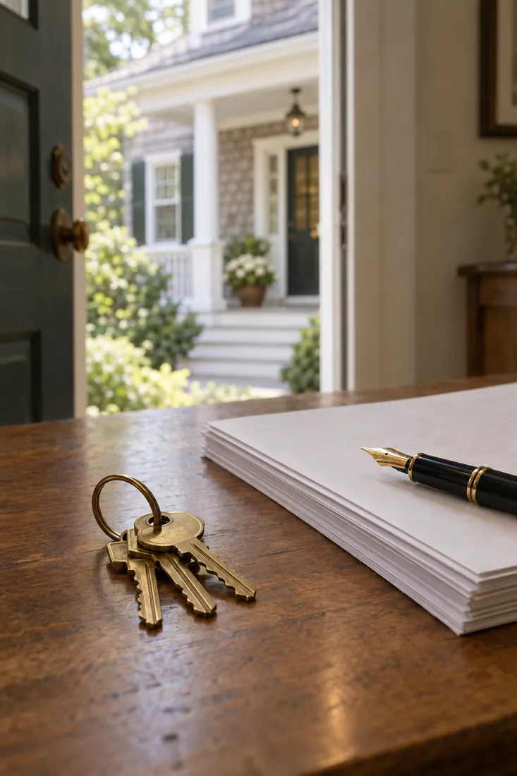 House keys resting beside closing documents and a pen