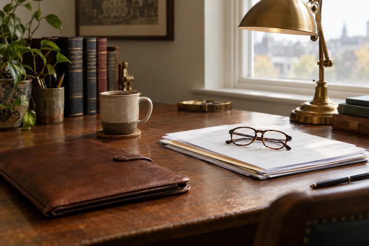 A desk in a small law office with papers, reading glasses, and a coffee mug
